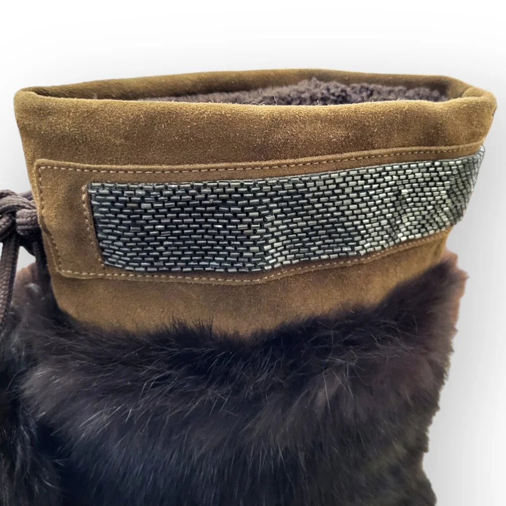 COACH Maryann Rabbit Fur Suede Boots Brown Beaded Trim Pom Pom Ties 8
